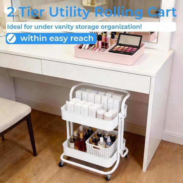 Alt view image 7 of 7 - 2 Tier Cart with Wheels Under Desk Storage with Handle, Metal Rolling Pantry Cart for Kitchen White Small Rolling Basket for Laundry Room Bathroom, Utility Shelf Organizer for Small Space