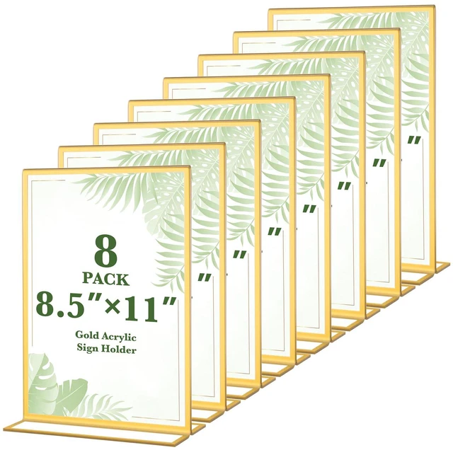 Main image of 8 Pack Gold Acrylic Sign Holders 8.5x11 Inch Table Menu Display Holders Double Sided Vertical Stand Clear Frames for Wedding Table Numbers, Restaurant Signs, Events, Office and Store Posters