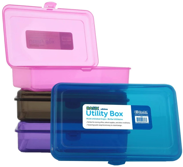 Main image of Basix Multipurpose Pencil Box, Stackable, 24-Case Snap-latch lid for pens, Tools, Crafts, Supplies, Bulk pack, For home and office storage
