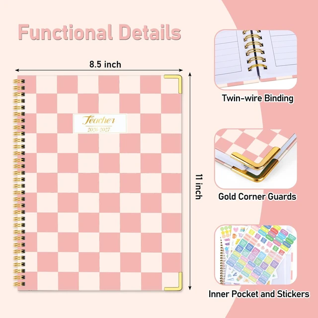 Alt view image 2 of 6 - Teacher Planner 2026-2027 Academic Year, Lesson Plan Book 8.5"x11" July 2026-June 2027, Spiral Hardcover Teacher Calendar with 14 Checklists, Gold Corners & Stickers for Class, PinkCheckered