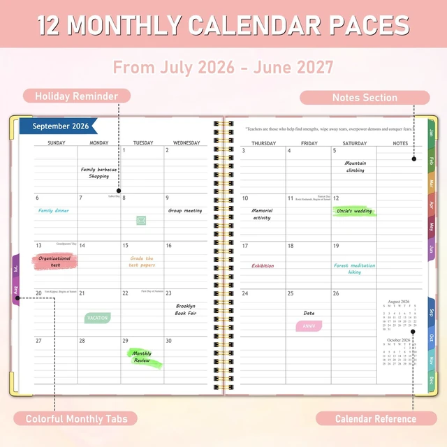Alt view image 3 of 6 - Teacher Planner 2026-2027 Academic Year, Lesson Plan Book 8.5"x11" July 2026-June 2027, Spiral Hardcover Teacher Calendar with 14 Checklists, Gold Corners & Stickers for Class, PinkCheckered