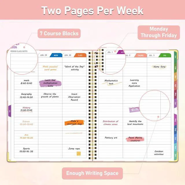 Alt view image 4 of 6 - Teacher Planner 2026-2027 Academic Year, Lesson Plan Book 8.5"x11" July 2026-June 2027, Spiral Hardcover Teacher Calendar with 14 Checklists, Gold Corners & Stickers for Class, PinkCheckered