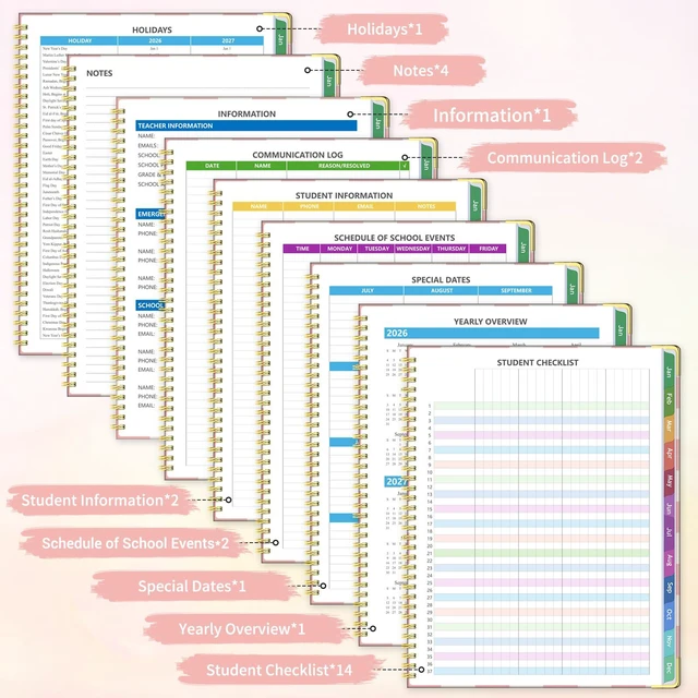 Alt view image 5 of 6 - Teacher Planner 2026-2027 Academic Year, Lesson Plan Book 8.5"x11" July 2026-June 2027, Spiral Hardcover Teacher Calendar with 14 Checklists, Gold Corners & Stickers for Class, PinkCheckered