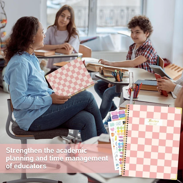 Alt view image 6 of 6 - Teacher Planner 2026-2027 Academic Year, Lesson Plan Book 8.5"x11" July 2026-June 2027, Spiral Hardcover Teacher Calendar with 14 Checklists, Gold Corners & Stickers for Class, PinkCheckered