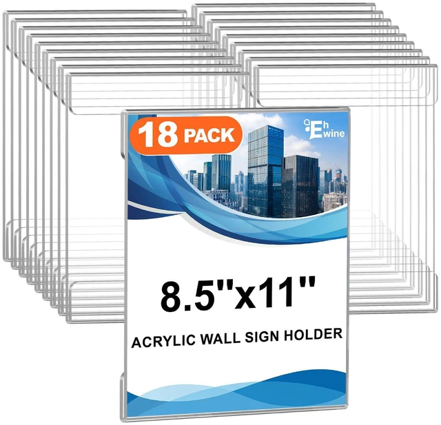 Main image of Acrylic Sign Holder 8.5 x 11 Wall Mount, 18 Pack Clear Flyer Holders Self-Adhesive Clear Wall Display for Easy Paper Changes on Smooth Surfaces in Offices, Stores, Classrooms and Restaurants