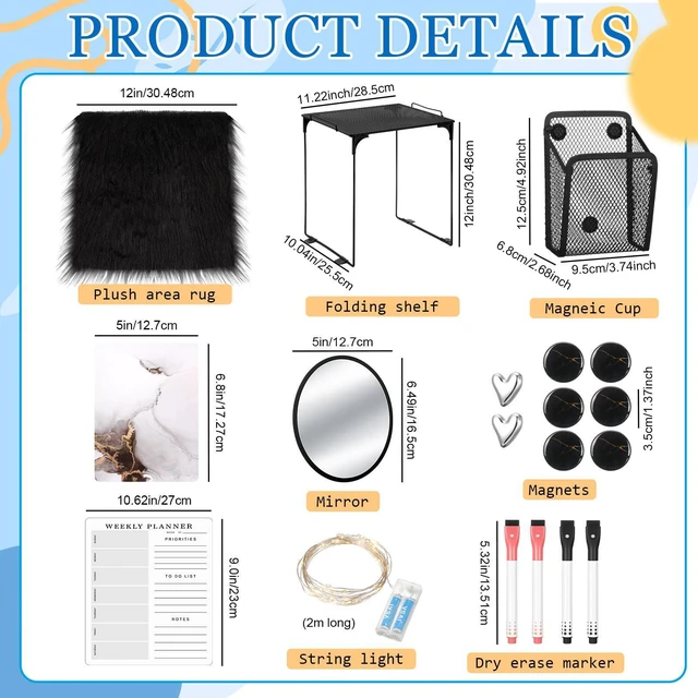 Alt view image 3 of 7 - 19 Pcs Locker Organizer and Decorating Kit, First Day of Essentials Marble Print Whiteboard with Markers Locker Shelf Plush Area Rug Mirror Magnetic Cup (Black Gold)