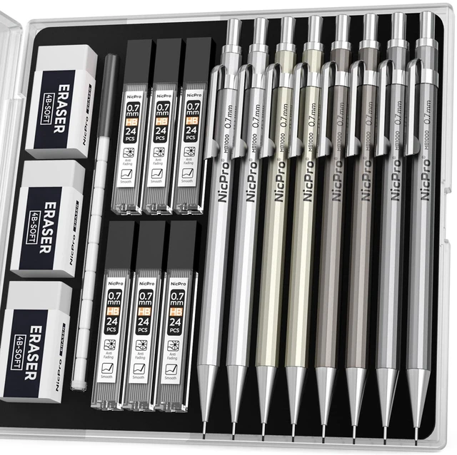 Main image of 8 Pack Mechanical Pencil 0.7mm, MB1000 Metal Mechanical Pencil Set 6 Tube HB #2 Lead Refill 0.7 mm, 3PCS 4B Eraser, 9 Cap Eraser with Case for Artist Drafting Writing, Sketching, Drawing