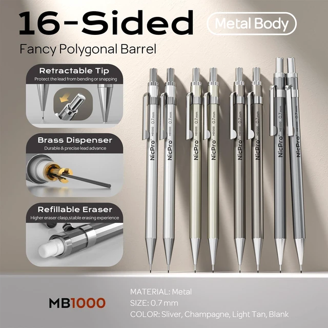 Alt view image 2 of 7 - 8 Pack Mechanical Pencil 0.7mm, MB1000 Metal Mechanical Pencil Set 6 Tube HB #2 Lead Refill 0.7 mm, 3PCS 4B Eraser, 9 Cap Eraser with Case for Artist Drafting Writing, Sketching, Drawing