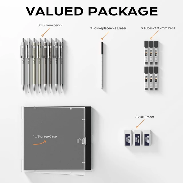 Alt view image 5 of 7 - 8 Pack Mechanical Pencil 0.7mm, MB1000 Metal Mechanical Pencil Set 6 Tube HB #2 Lead Refill 0.7 mm, 3PCS 4B Eraser, 9 Cap Eraser with Case for Artist Drafting Writing, Sketching, Drawing
