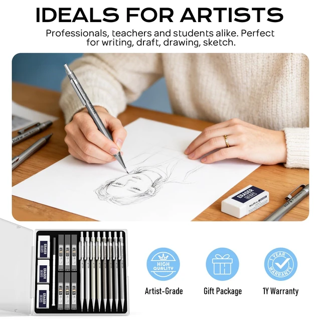 Alt view image 6 of 7 - 8 Pack Mechanical Pencil 0.7mm, MB1000 Metal Mechanical Pencil Set 6 Tube HB #2 Lead Refill 0.7 mm, 3PCS 4B Eraser, 9 Cap Eraser with Case for Artist Drafting Writing, Sketching, Drawing