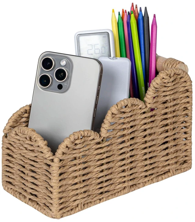 Main image of Bedside Table Desk Organizer Caddy, Remote Pen&Pencil Holder Cup Makeup Brush Holder w/Scalloped Perfect for Home, Office Desk, Living Room Table Decor, 3 Slots Neutral