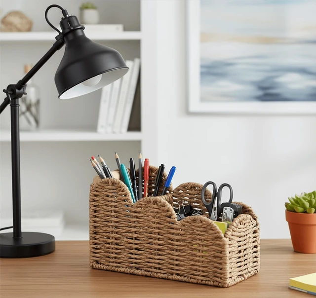 Alt view image 4 of 7 - Bedside Table Desk Organizer Caddy, Remote Pen&Pencil Holder Cup Makeup Brush Holder w/Scalloped Perfect for Home, Office Desk, Living Room Table Decor, 3 Slots Neutral
