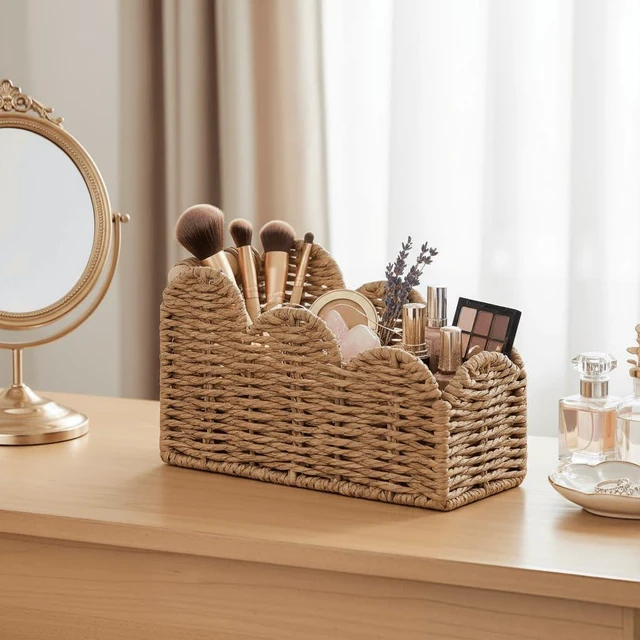 Alt view image 6 of 7 - Bedside Table Desk Organizer Caddy, Remote Pen&Pencil Holder Cup Makeup Brush Holder w/Scalloped Perfect for Home, Office Desk, Living Room Table Decor, 3 Slots Neutral