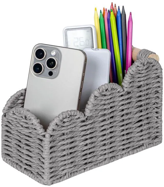 Main image of Bedside Table Desk Organizer Caddy, Remote Pen&Pencil Holder Cup Makeup Brush Holder w/Scalloped Perfect for Home, Office Desk, Living Room Table Decor, 3 Slots Grey