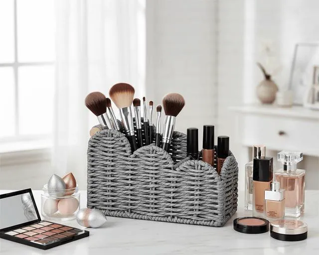 Alt view image 4 of 7 - Bedside Table Desk Organizer Caddy, Remote Pen&Pencil Holder Cup Makeup Brush Holder w/Scalloped Perfect for Home, Office Desk, Living Room Table Decor, 3 Slots Grey