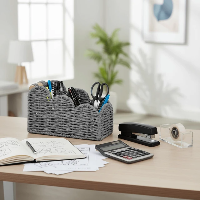 Alt view image 5 of 7 - Bedside Table Desk Organizer Caddy, Remote Pen&Pencil Holder Cup Makeup Brush Holder w/Scalloped Perfect for Home, Office Desk, Living Room Table Decor, 3 Slots Grey