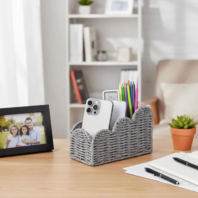 Alt view image 6 of 7 - Bedside Table Desk Organizer Caddy, Remote Pen&Pencil Holder Cup Makeup Brush Holder w/Scalloped Perfect for Home, Office Desk, Living Room Table Decor, 3 Slots Grey