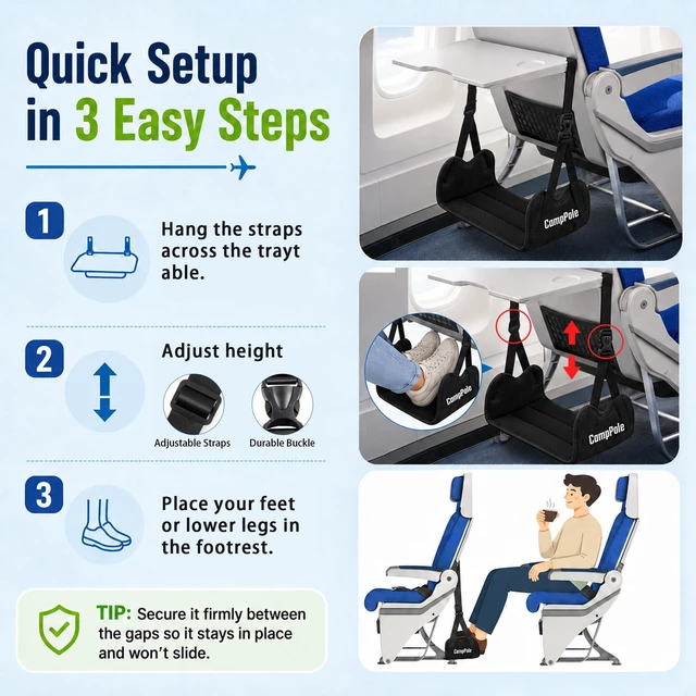 Alt view image 3 of 7 - 4 Pack Airplane Foot HammockLeg Pressure Relief Footrest No-Collapse Bamboo Support with Memory Foam Cushion,Adjustable Foot Sling for Long Flights&Office for Plane Travel