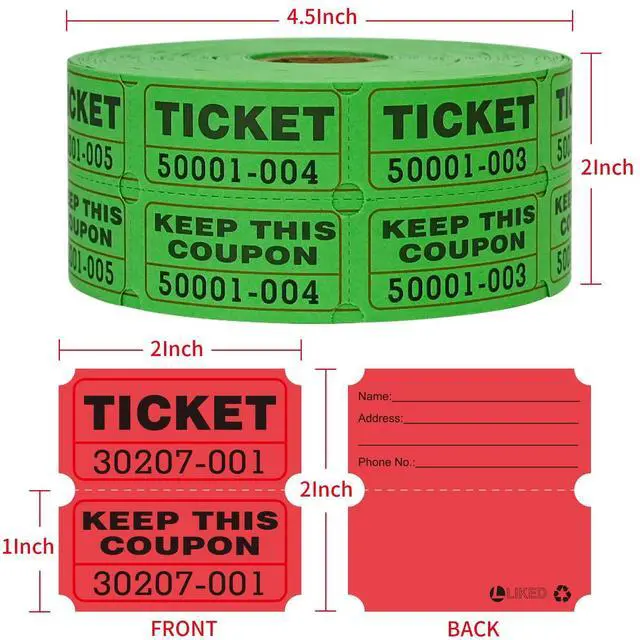 Alt view image 2 of 7 - 2000 Pairs 2"x2" Raffle Tickets Double Rolls Green & Red Consecutively Numbered 50/50 Stub, Great for Carnivals, Entry, Class Reward & Prizes