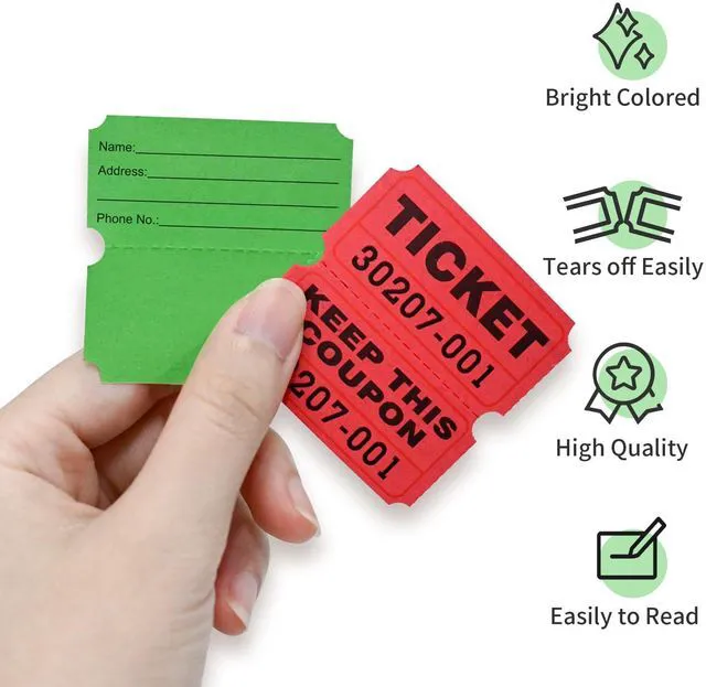 Alt view image 4 of 7 - 2000 Pairs 2"x2" Raffle Tickets Double Rolls Green & Red Consecutively Numbered 50/50 Stub, Great for Carnivals, Entry, Class Reward & Prizes
