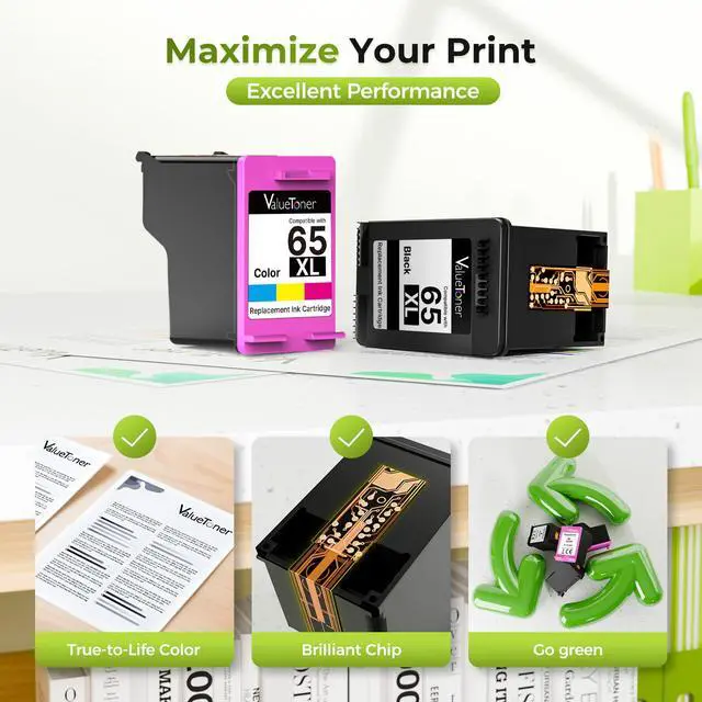 Alt view image 5 of 7 - 65XL Ink Replaced for HP 65 Ink Cartridges Black/Color Combo Pack 2-Pack for HP Envy 5055 Ink Cartridges Envy 5052 5058 for HP Deskjet 3755 Ink Cartridges Deskjet 2655 3720 3722 3723 3752 3758 2652