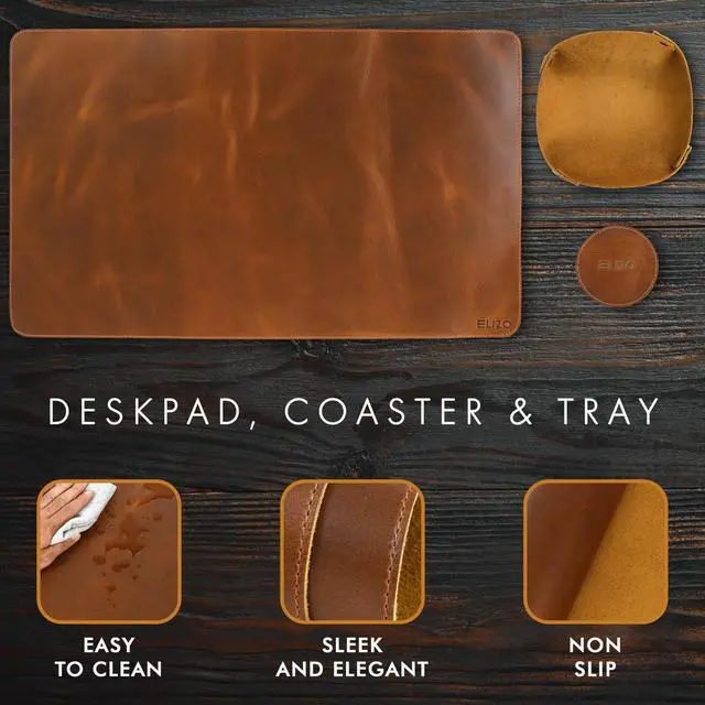 Alt view image 5 of 7 - Real Leather Desk Mat Set (24X14) Large Desk Cover Desk Blotter Protector Computer Gaming Mouse Pad Table Laptop Office Desktop Accessories Antique