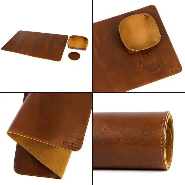 Alt view image 7 of 7 - Real Leather Desk Mat Set (24X14) Large Desk Cover Desk Blotter Protector Computer Gaming Mouse Pad Table Laptop Office Desktop Accessories Antique