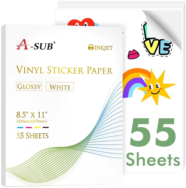 Main image of Vinyl Sticker Paper for Inkjet Printer, Glossy Waterproof, 55 Sheets 8.5x11 Inch, Printable Vinyl for Custom Stickers
