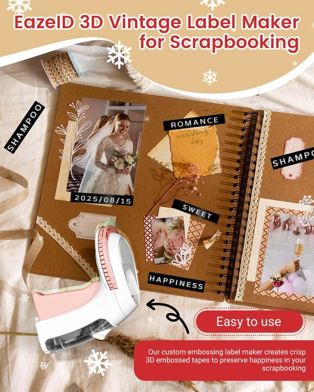 Alt view image 3 of 7 - Pink Embossing Label Maker, Retro Labeler Scrapbook Junk Journal Supplies Embossed Embosser Handheld Vintage Labeler with 3 Black Tapes 3/8Inch for DIY Home Office Kids School Use, Omega S