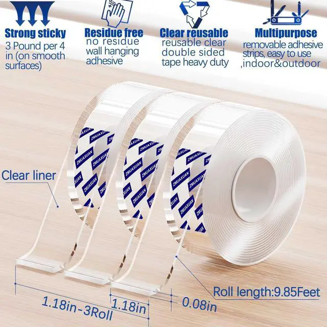 Alt view image 2 of 7 - Clear Double Sided Adhesive Mounting Tape Heavy Duty Removable,Strong Picture Hanging Strips Wall Hangers,Sticky Tack Gel Putty Glue for Poster,Photo,Mirror,Carpet(9.85 Ft-3 Pack)