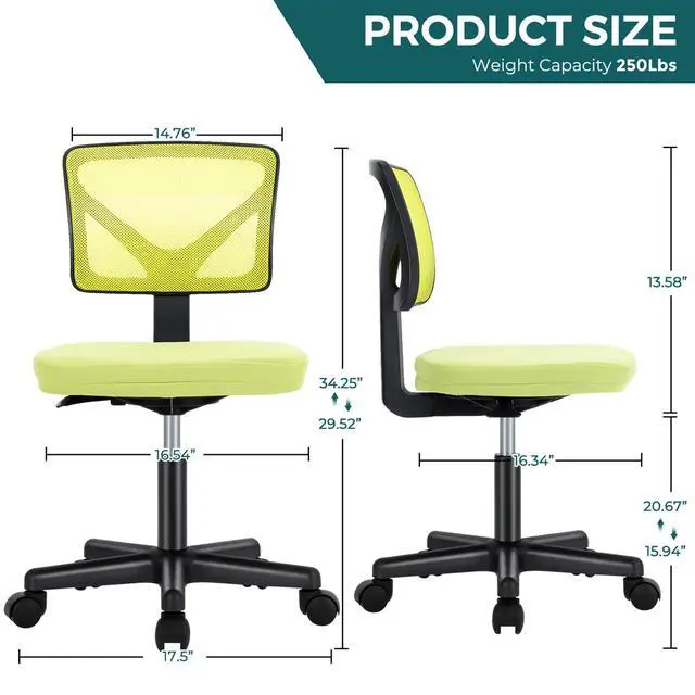 Alt view image 3 of 7 - Armless Desk Chairs, Small Home Office Mesh Chairs Ergonomic Adjustable Mid Back, Swivel Rolling Task, Computer Work Vanity Small Spaces, Bright Green