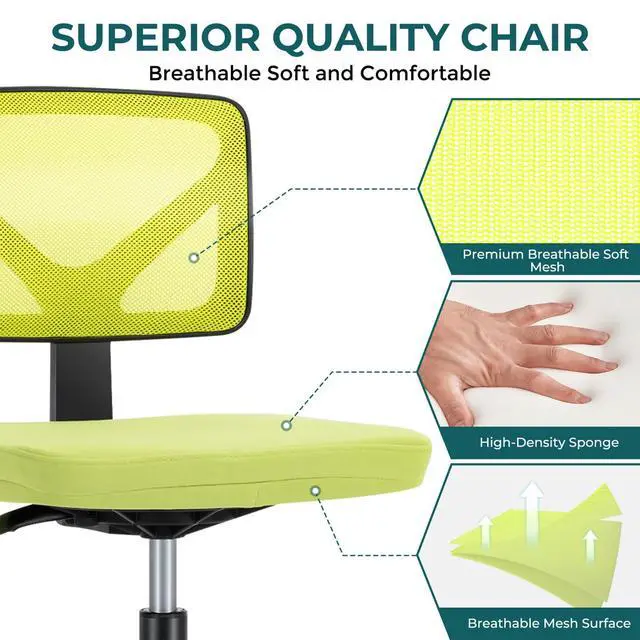 Alt view image 5 of 7 - Armless Desk Chairs, Small Home Office Mesh Chairs Ergonomic Adjustable Mid Back, Swivel Rolling Task, Computer Work Vanity Small Spaces, Bright Green
