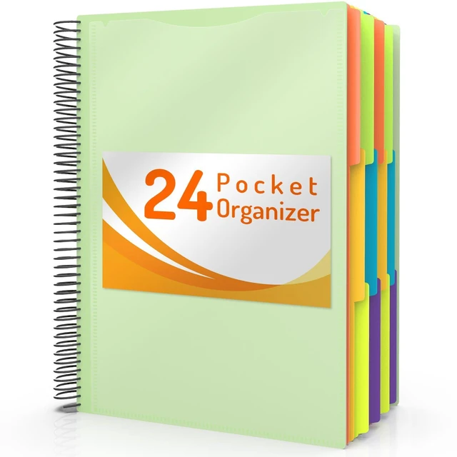 Main image of 24 Pocket Project Organizer, 1/3-cut Tab Binder Organizer with Sticky Labels, Multi Pocket Folder with Zipper Pouch, Folder Binder Spiral Pocket Notebook, Office Supplies, Letter Size, Green