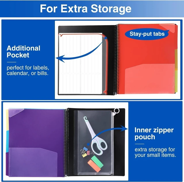 Alt view image 6 of 7 - 24 Pocket Project Organizer, 1/3-cut Tab Binder Organizer with Sticky Labels, Multi Pocket Folder with Zipper Pouch, Folder Binder Spiral Pocket Notebook, Office Supplies, Letter Size, Green