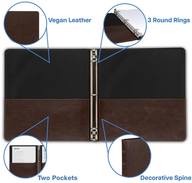 Alt view image 2 of 6 - Vintage Leather Binder, 0.5 Inch Round Ring (Holds 100 Sheets), Letter Size 8.5x11 Documents, Professional Organizer Portfolio, No Zipper, Brown