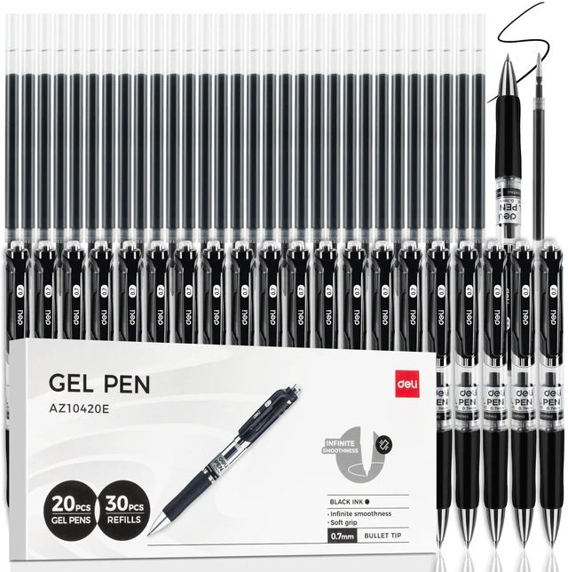 Main image of Gel Pens, 50 Pcs Retractable Pens Black Ink, 20 Pens with 30 Refills Medium Point Pen Bulk 0.7mm, Smooth Writing, Fast Dry, No Bleed for Journaling Note Taking, Home School Office Supplies