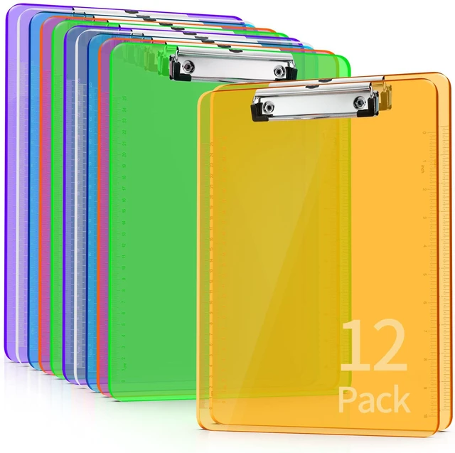 Main image of Plastic Clipboards 12 Pack, 6 Colors, Letter Size, Sturdy & Smooth Writing Surface, Low Profile Metal Clip, No Bend Clipboard for School Classroom Office