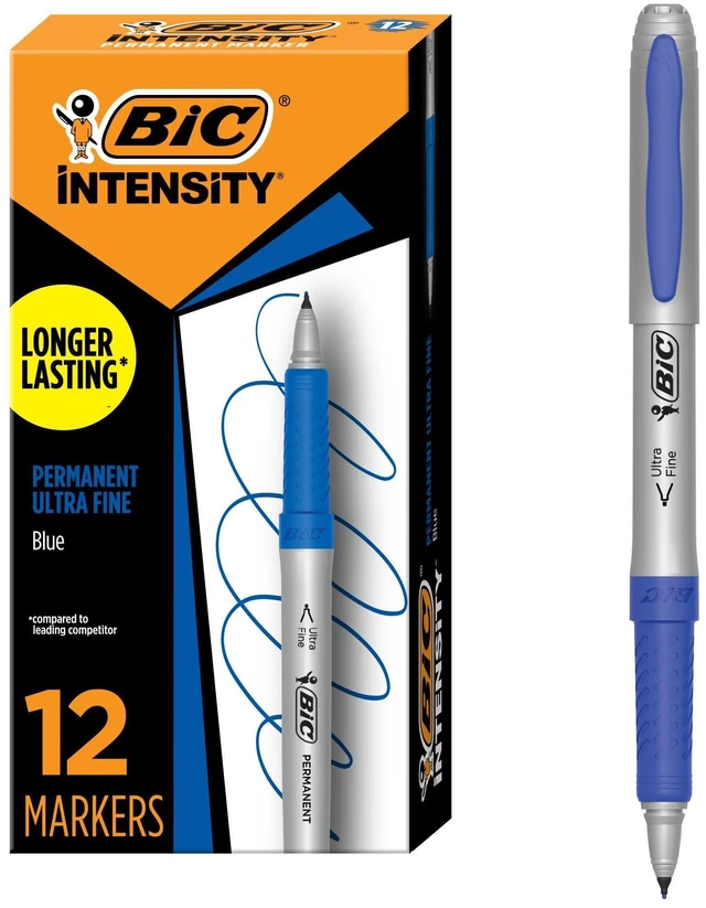 Main image of Intensity Blue Permanent Markers, Ultra Fine Point, 12-Count Pack Non-Slip Grip for Comfort and Control | Long Lasting Ink | Marks on Plastic, Metal, Glass, And More