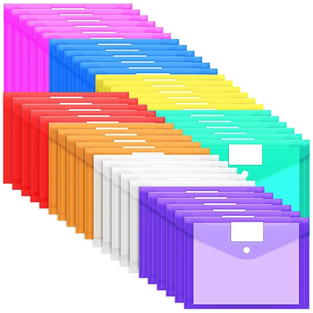 Main image of 45 Pack Plastic Envelopes Poly Envelopes, Clear Document File Folders with Hook & Loop Closure, A4 Size with Label Pocket for School Home Work Office Organization, 8 Colors