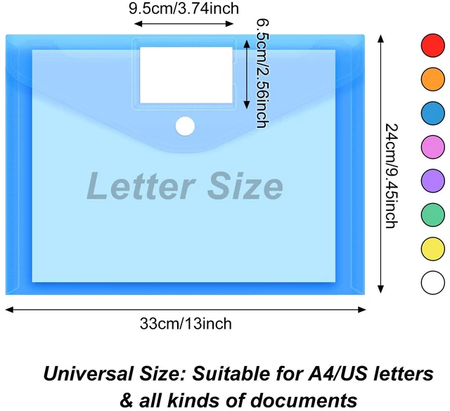 Alt view image 2 of 6 - 45 Pack Plastic Envelopes Poly Envelopes, Clear Document File Folders with Hook & Loop Closure, A4 Size with Label Pocket for School Home Work Office Organization, 8 Colors