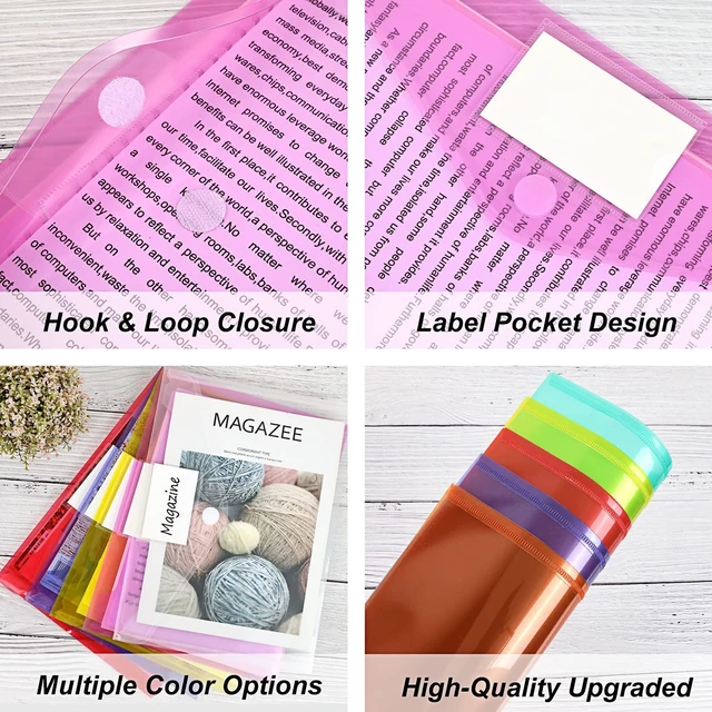 Alt view image 4 of 6 - 45 Pack Plastic Envelopes Poly Envelopes, Clear Document File Folders with Hook & Loop Closure, A4 Size with Label Pocket for School Home Work Office Organization, 8 Colors