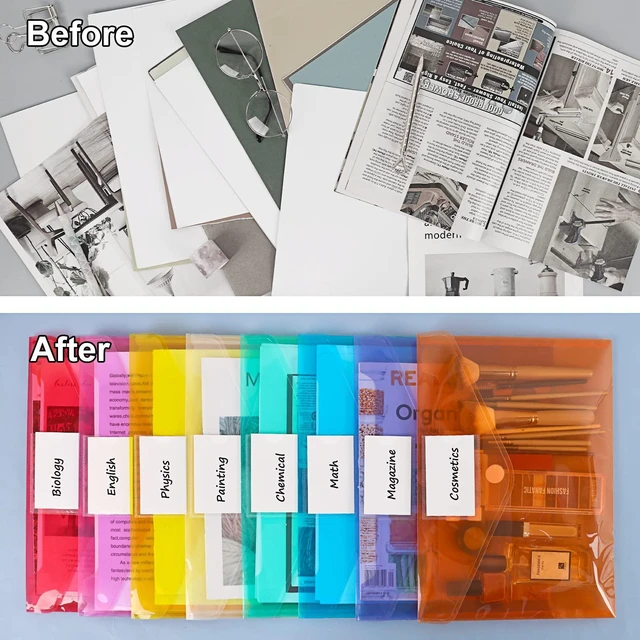 Alt view image 5 of 6 - 45 Pack Plastic Envelopes Poly Envelopes, Clear Document File Folders with Hook & Loop Closure, A4 Size with Label Pocket for School Home Work Office Organization, 8 Colors