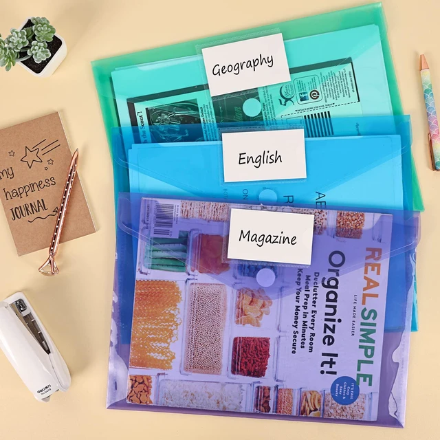 Alt view image 6 of 6 - 45 Pack Plastic Envelopes Poly Envelopes, Clear Document File Folders with Hook & Loop Closure, A4 Size with Label Pocket for School Home Work Office Organization, 8 Colors