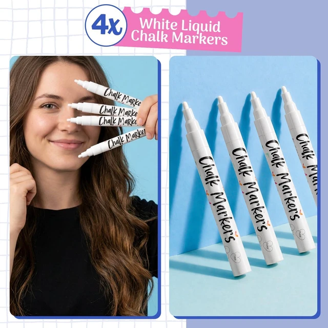 Alt view image 2 of 7 - Liquid White Chalk Markers Fine Tip (4 Pack 3mm) for Blackboard, Chalkboard Erasable White Wet & Dry Erase Chalk Pens for Windows, Signs, Glass, Bistro - 3mm Reversible Bullet & Chisel Point