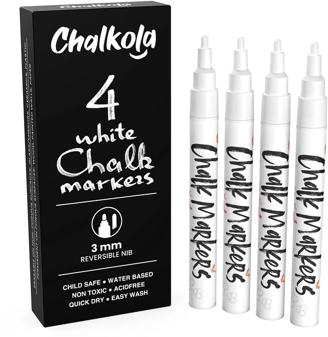 Main image of Liquid White Chalk Markers Fine Tip (4 Pack 3mm) for Blackboard, Chalkboard Erasable White Wet & Dry Erase Chalk Pens for Windows, Signs, Glass, Bistro - 3mm Reversible Bullet & Chisel Point