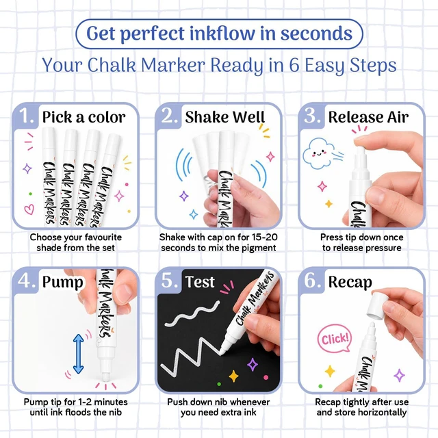 Alt view image 7 of 7 - Liquid White Chalk Markers Fine Tip (4 Pack 3mm) for Blackboard, Chalkboard Erasable White Wet & Dry Erase Chalk Pens for Windows, Signs, Glass, Bistro - 3mm Reversible Bullet & Chisel Point