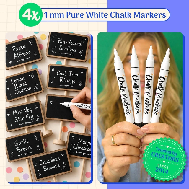 Alt view image 2 of 7 - Extra Fine Tip White Chalk Markers (4 Pack 1mm Point) Chalk Pens - White Dry Erase Marker Pen for Blackboard, Chalkboards, Windows, Glass, Bistro, Signs