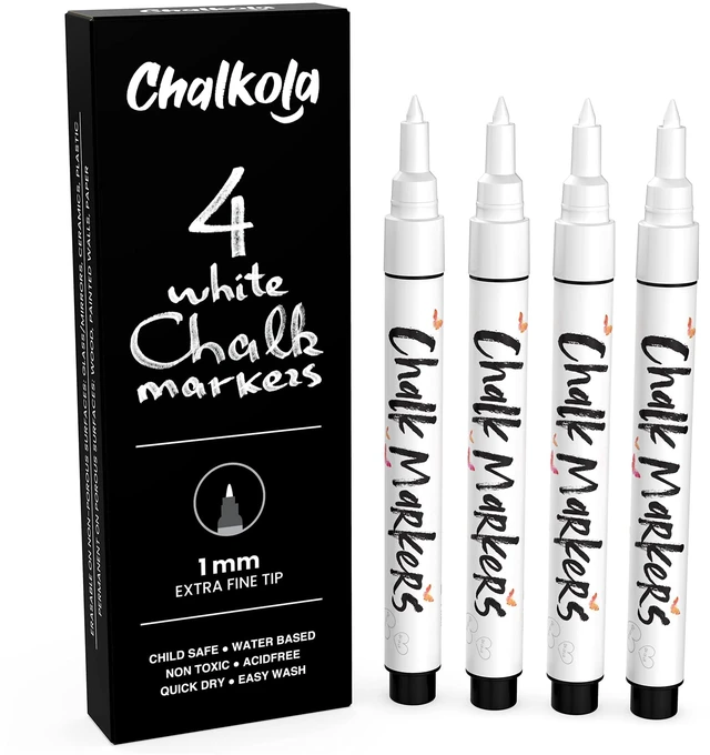 Main image of Extra Fine Tip White Chalk Markers (4 Pack 1mm Point) Chalk Pens - White Dry Erase Marker Pen for Blackboard, Chalkboards, Windows, Glass, Bistro, Signs