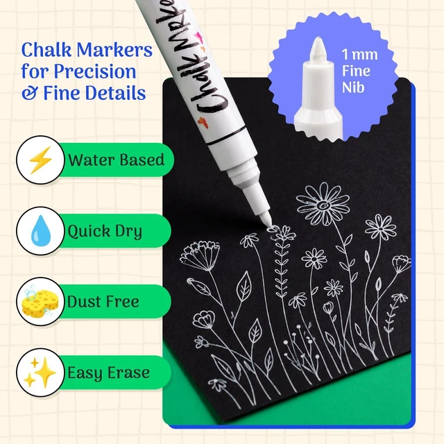 Alt view image 3 of 7 - Extra Fine Tip White Chalk Markers (4 Pack 1mm Point) Chalk Pens - White Dry Erase Marker Pen for Blackboard, Chalkboards, Windows, Glass, Bistro, Signs