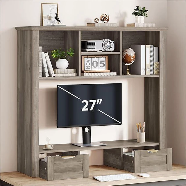 Main image of Desk Shelf with Computer Monitor Stand, 37.4''W Desktop Bookshelf Display Rack, Desktop Organizer Storage Rack with Cubbies & Drawers, 5-Tier Hutch for Home, Office, Dorm, Vanity, Grey